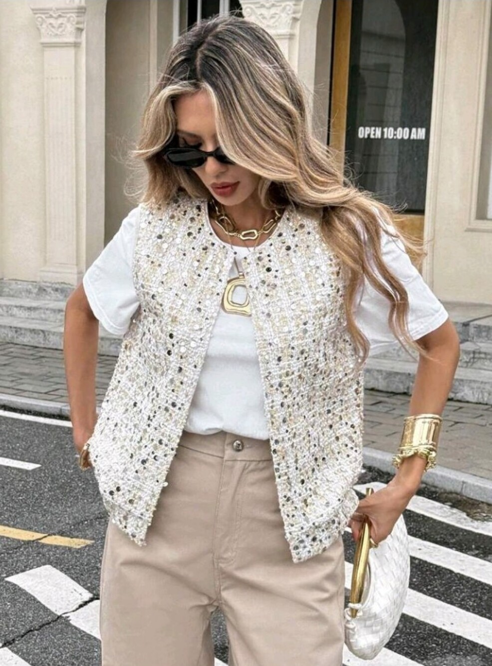 French Casual Women's Sleeveless Jacket Beige Tweed Sequin Summer Elegant